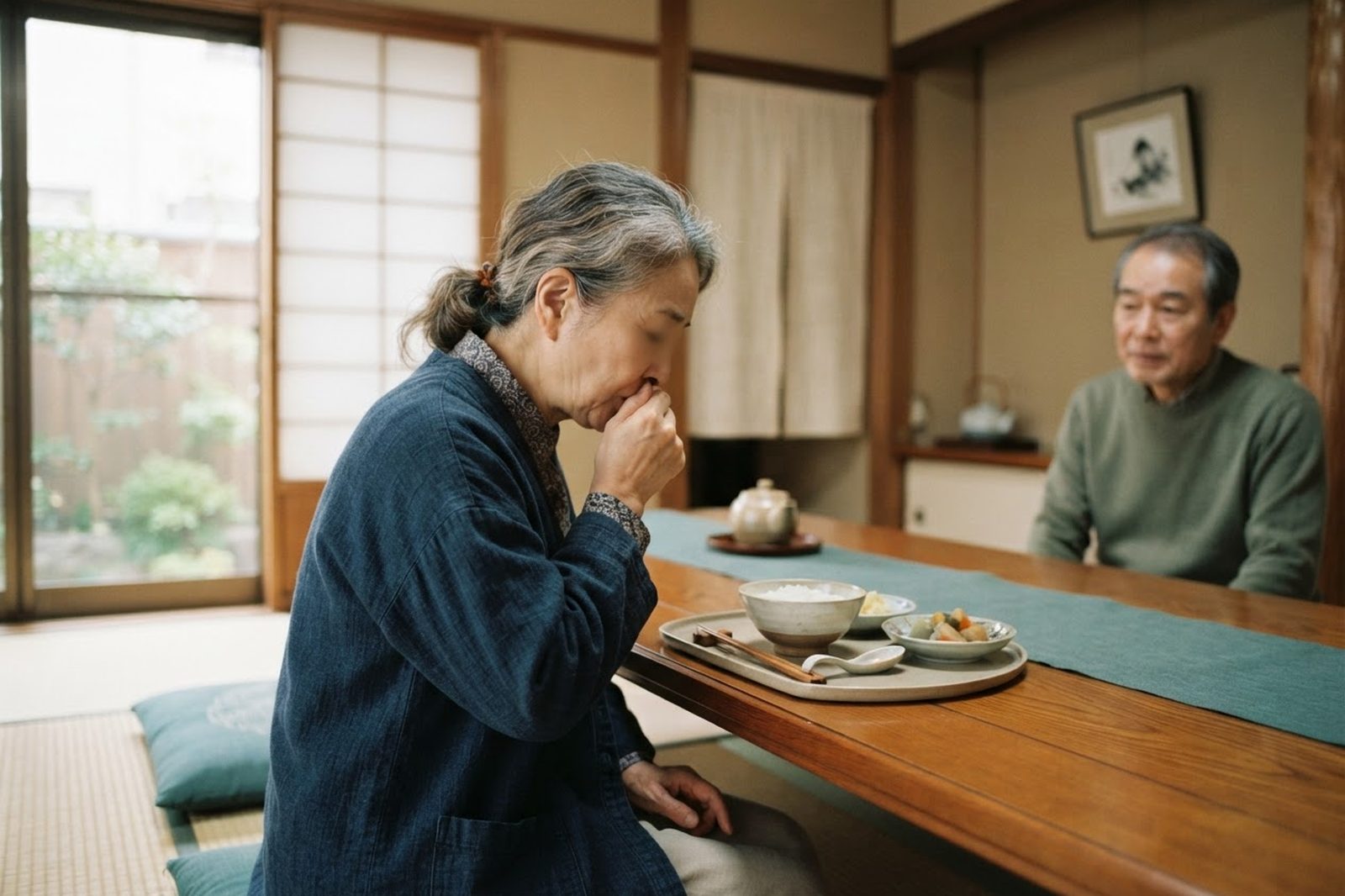 食事中にむせている高齢の女性と付き添う人