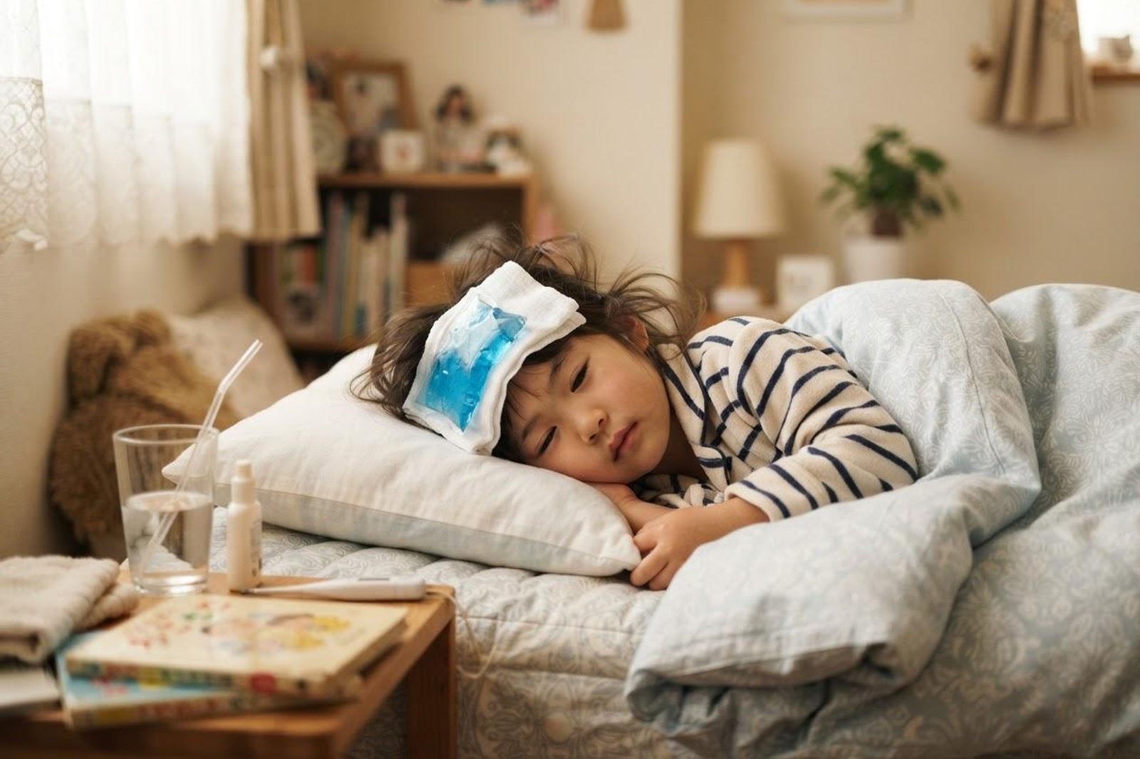 寝ている子どもと保冷剤