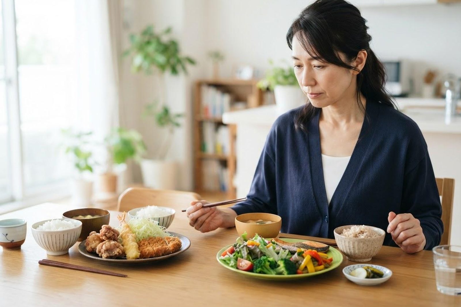 揚げ物と野菜の対比