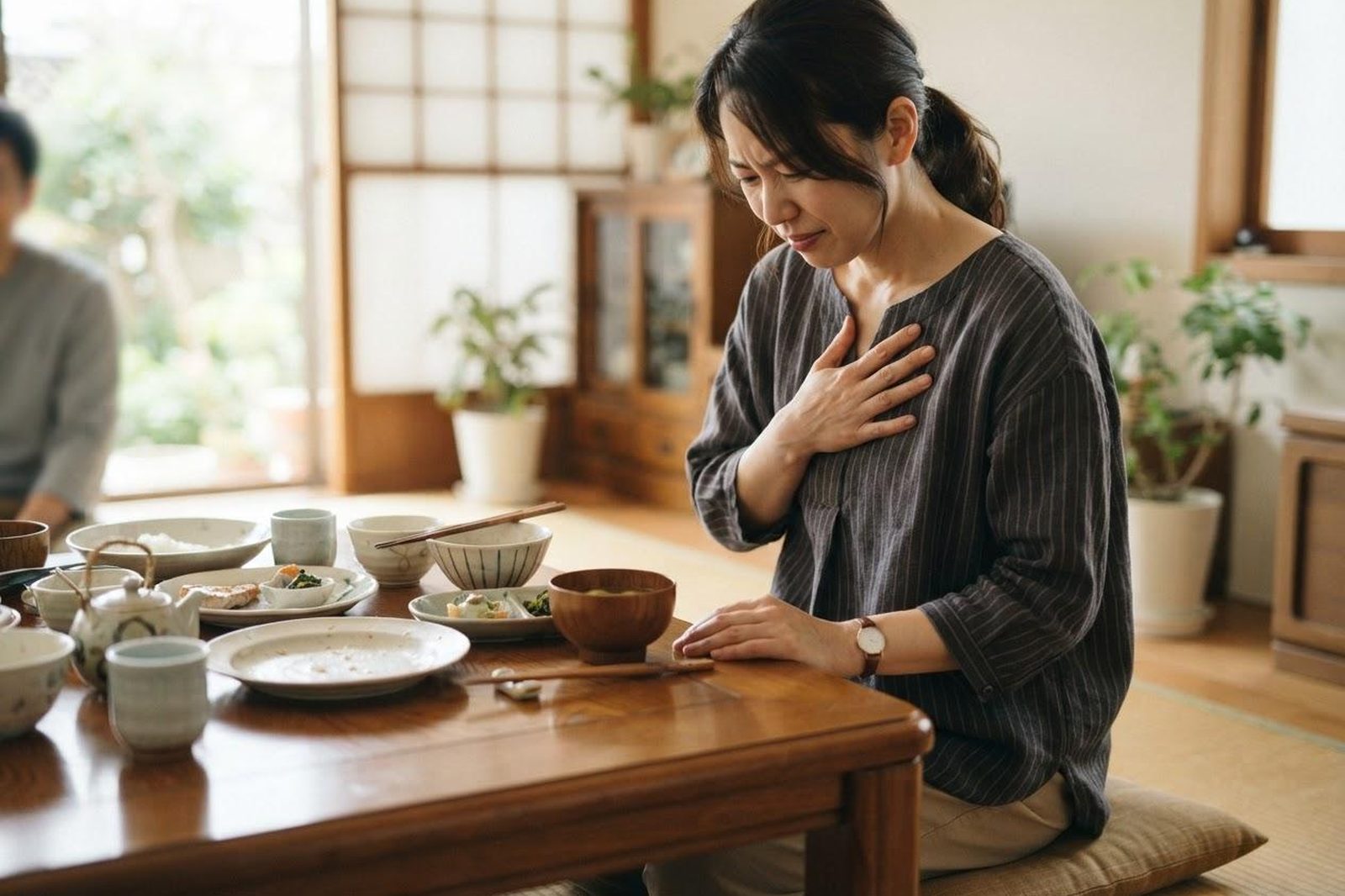食後に胸のあたりを押さえる