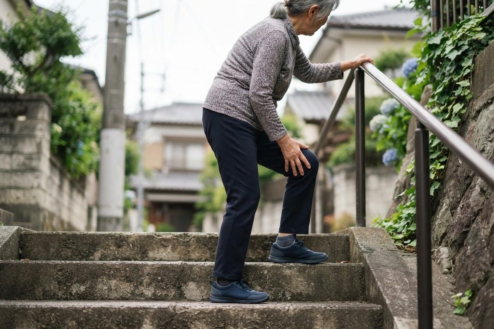 階段で膝を押さえる