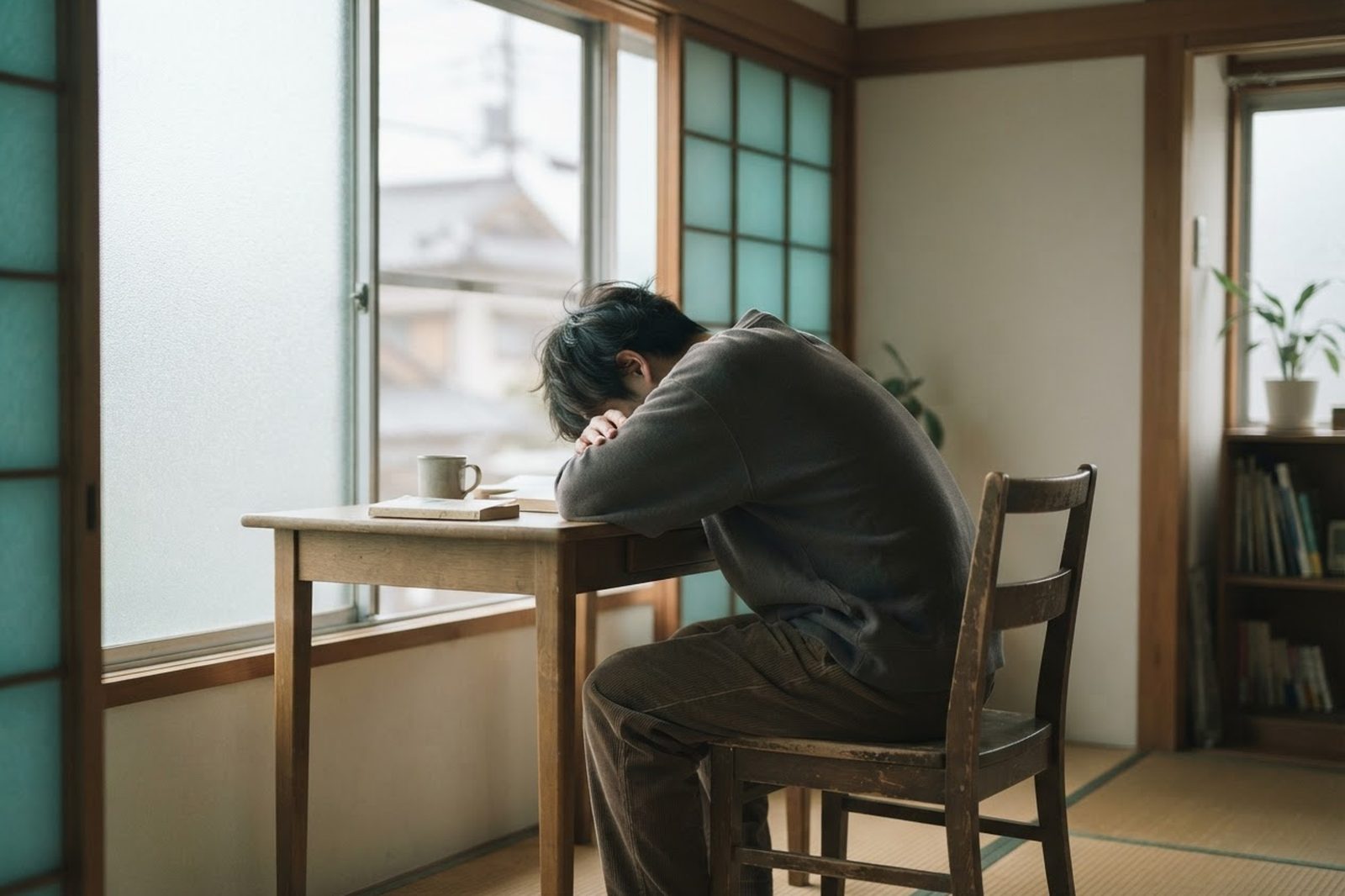 窓辺の椅子に座ってぼんやりしている人