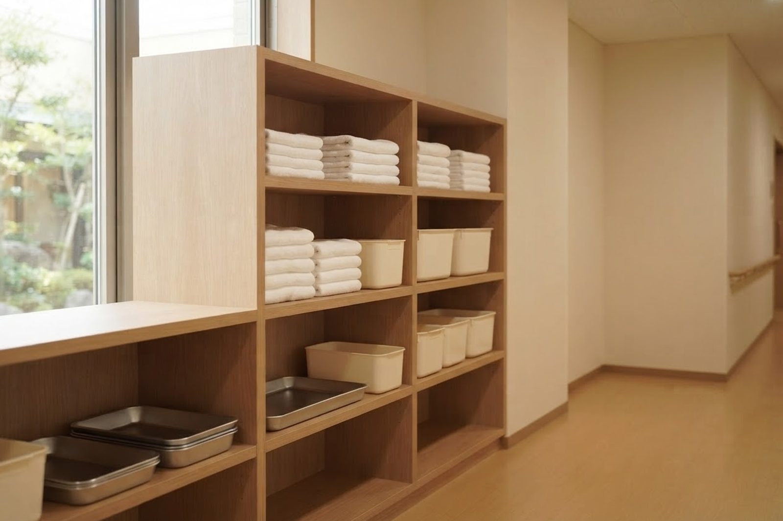 介護施設の備品棚。たたんだタオルと容器が並んでいる