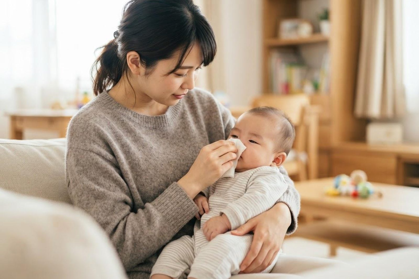 乳児の呼吸を見守る