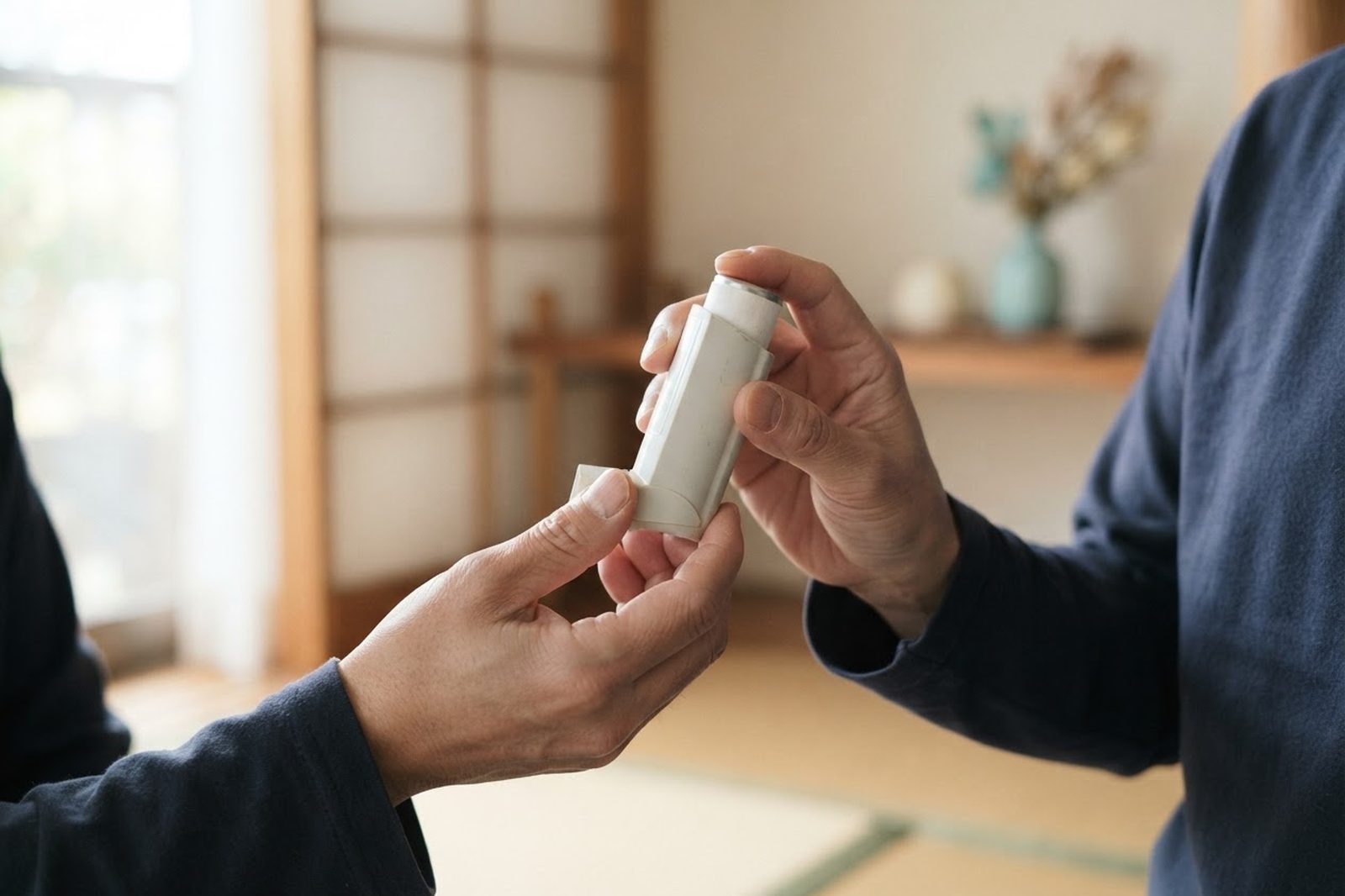 吸入器を手に持っているところ